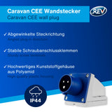 REV Caravan, CEE-Stecker Wand 230V, 3-polig, 1Ph + N+ PE, IP44, blau